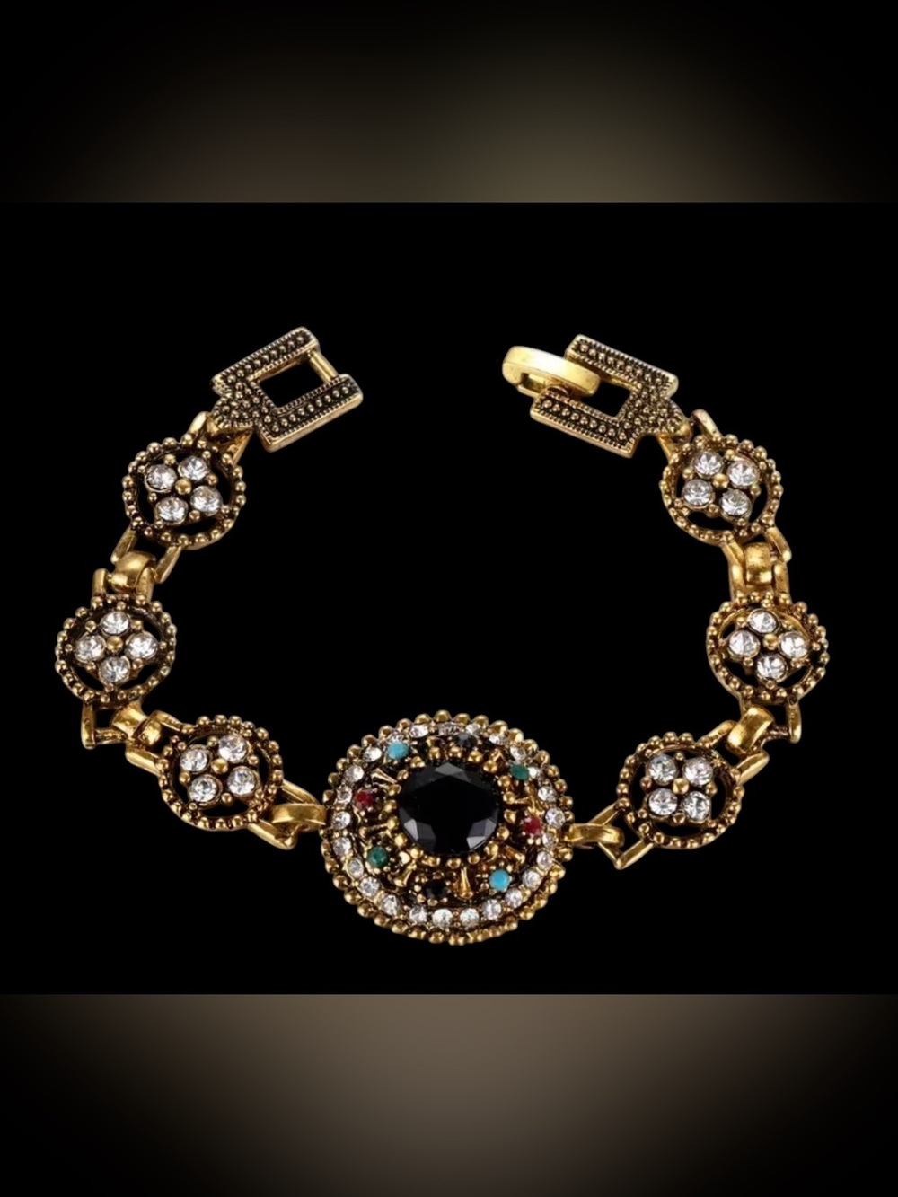 Bohemian Ottoman Style Antique Gold Multi-Stone & Crystal Filigree Bracelet
